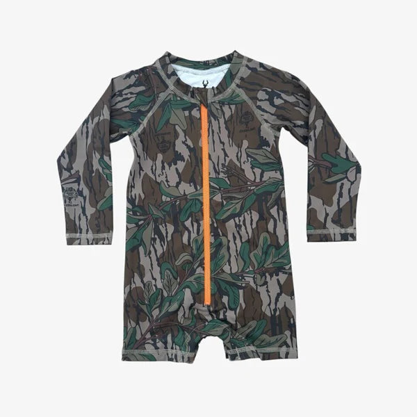 Camouflage patterned one piece SPF swimsuit with an orange zipper.