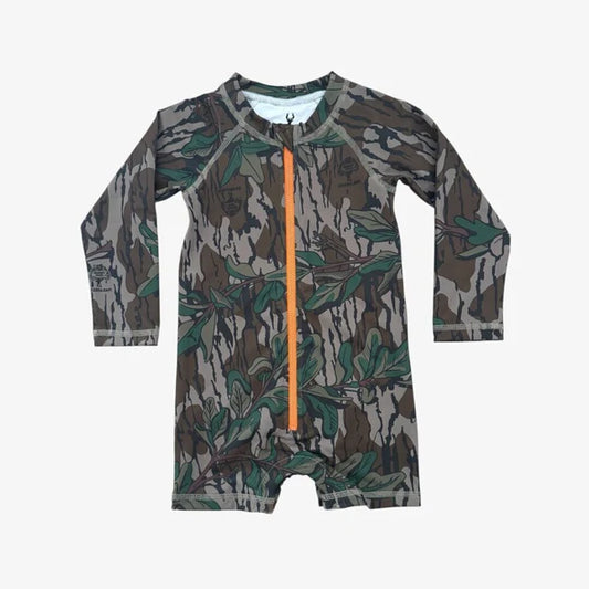 Camouflage patterned one piece SPF swimsuit with an orange zipper.