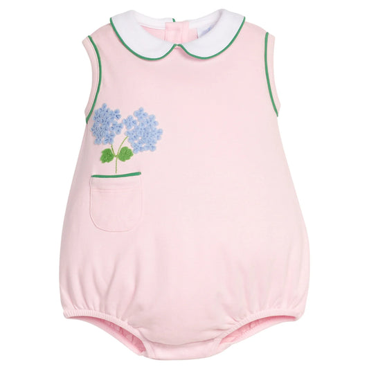 Pink baby romper with hydrangea floral design 