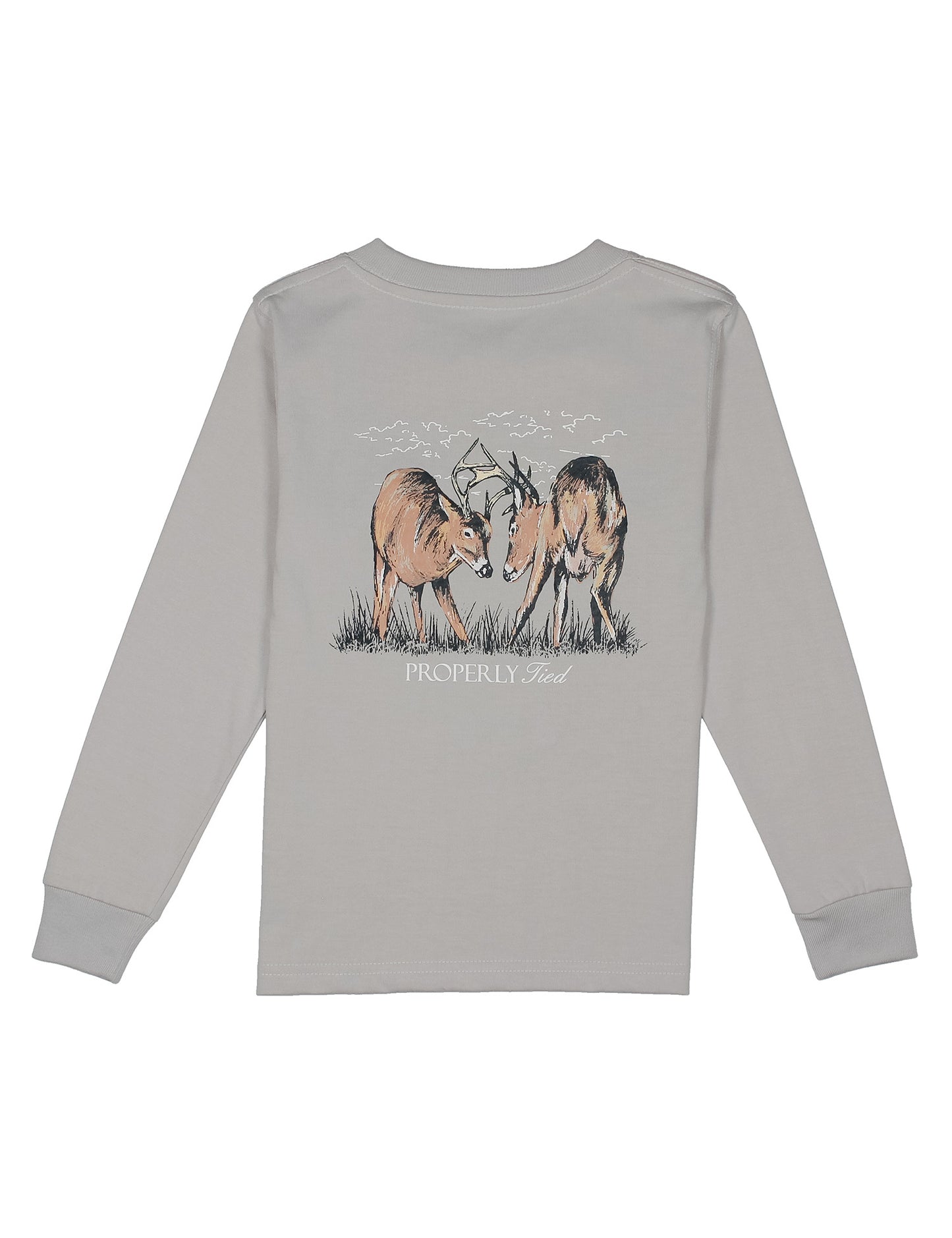 Gray long-sleeve shirt with a graphic of two deer on the back, on a white background.