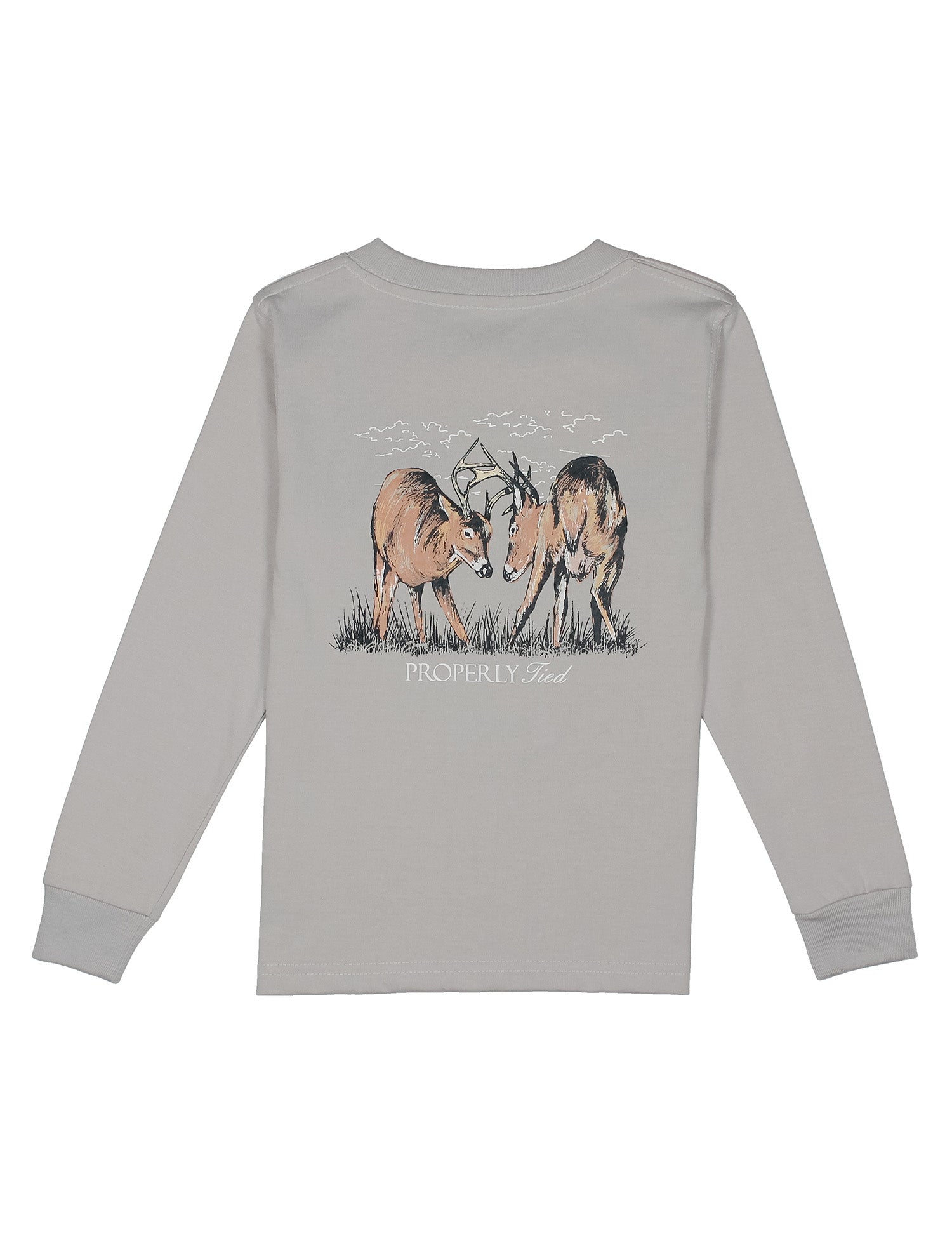 Gray long-sleeve shirt with a graphic of two deer on the back, on a white background.