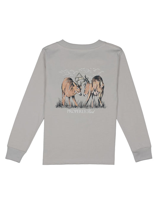 Gray long-sleeve shirt with a graphic of two deer on the back, on a white background.