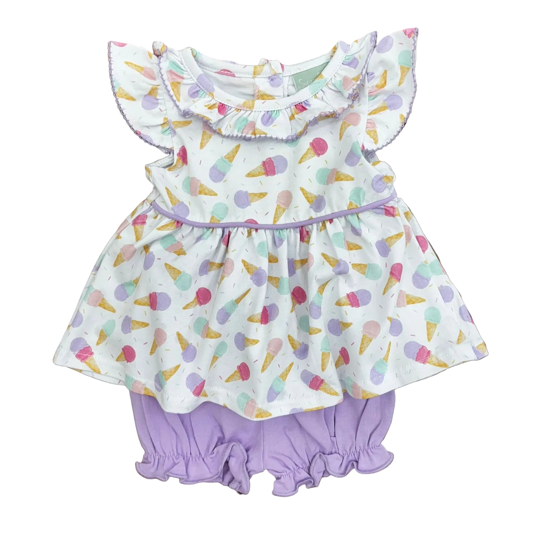 Ice cream print ruffle shirt with matching purple bloomers.