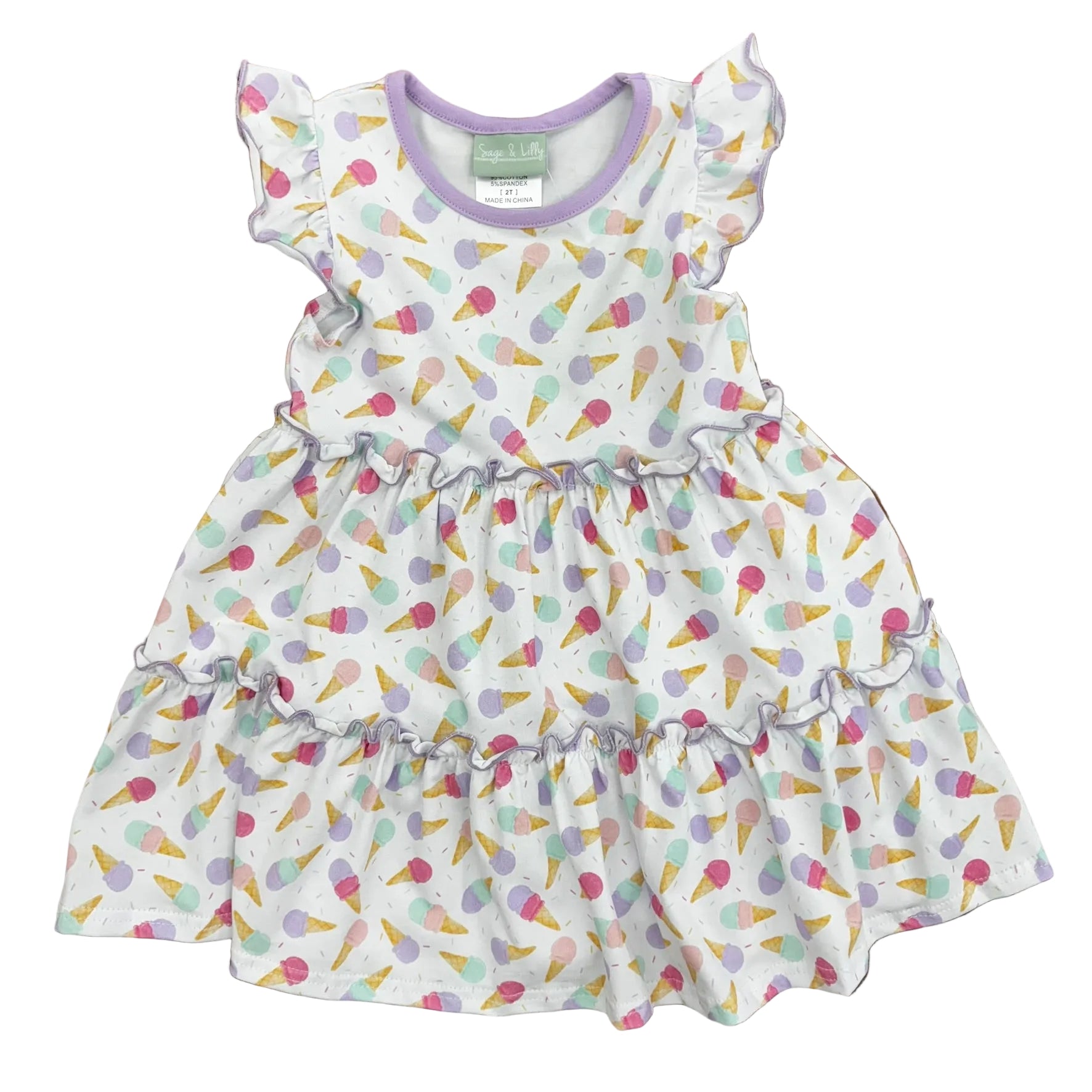 Ruffle dress with ice cream print and purple trim.