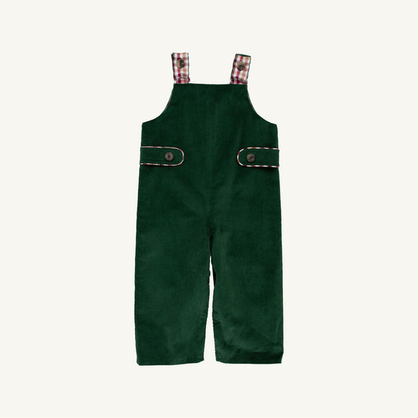A pair of dark green corduroy baby overalls with red and white plaid shoulder straps and decorative trim on the chest pockets, shown flat on a light cream background.