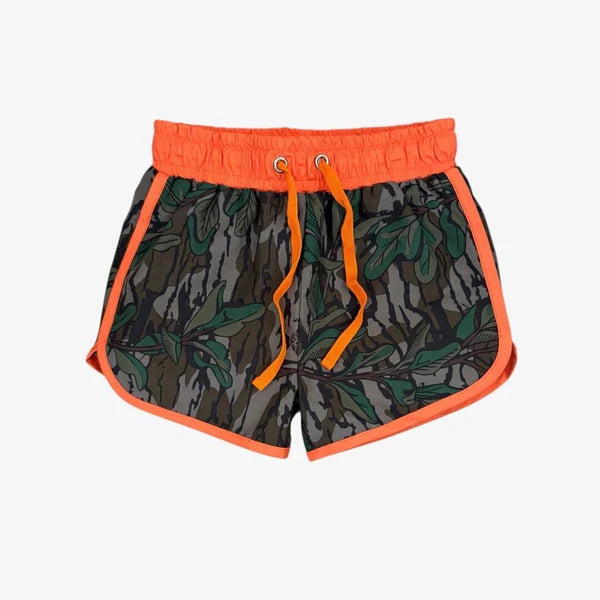 Camouflage patterned boy's swimsuit with bright orange trim.