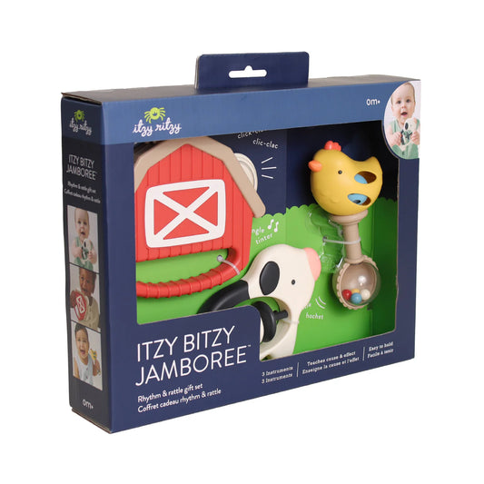 Itzy Bitzy Jamboree toy set packaging with farm-themed design rhythm and raffle gift set