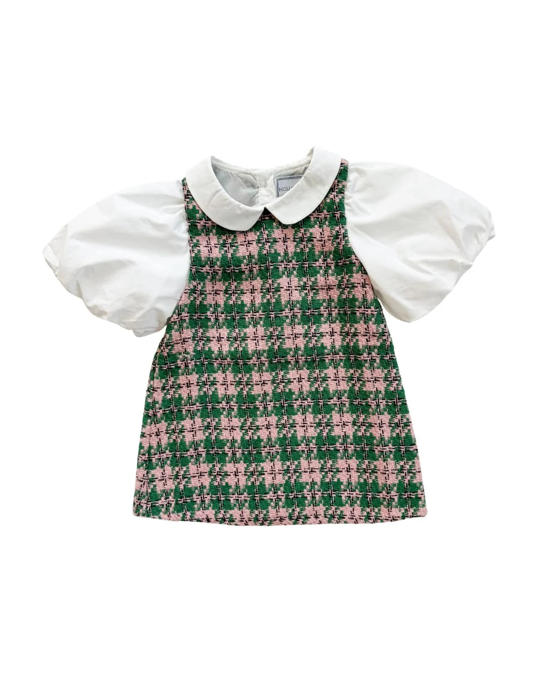 A toddler girl's dress featuring a green and pink houndstooth patterned body with a white Peter Pan collar and white puff sleeves, shown flat on a white background.