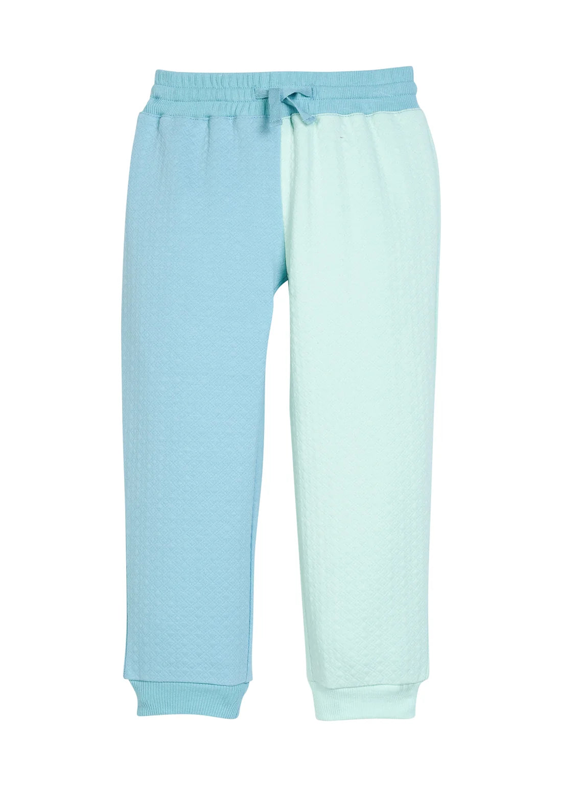 A pair of children's sweatpants in a split-color design, featuring light blue on the left leg and mint green on the right leg, with a matching drawstring waistband.