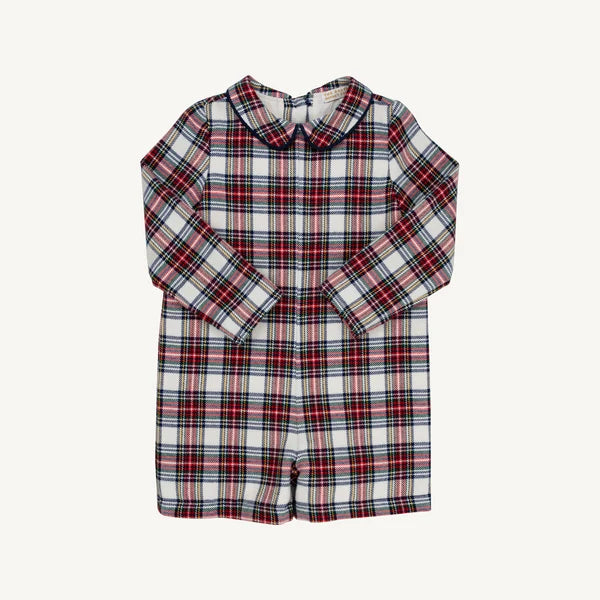 Red, blue and white plaid shortall romper with long sleeves 