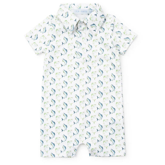 Short sleeve shortall with jumping trout design in blue and green on a cream background.