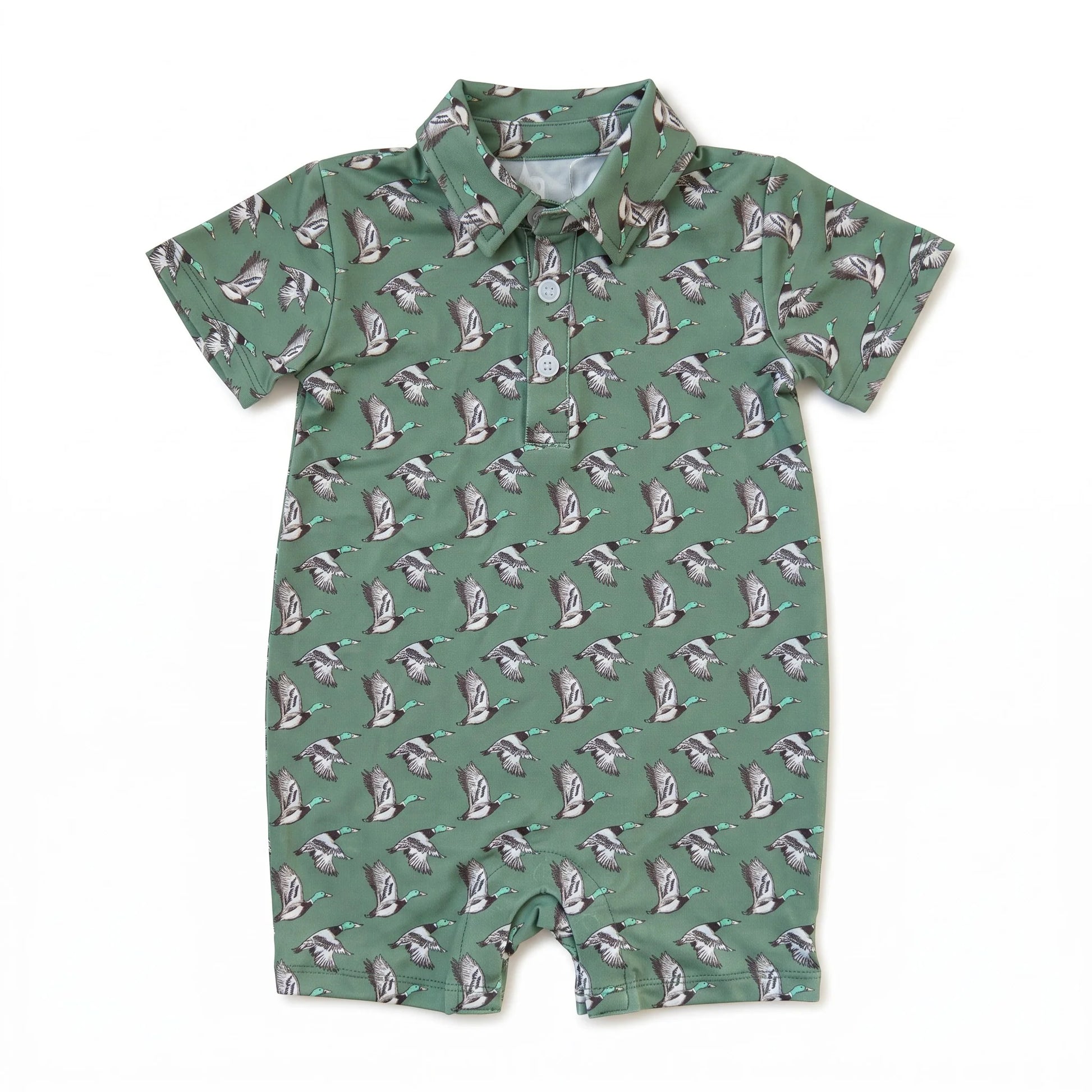 A short-sleeve baby romper in sage green with an all-over repeating print of ducks, shown flat on a white background.