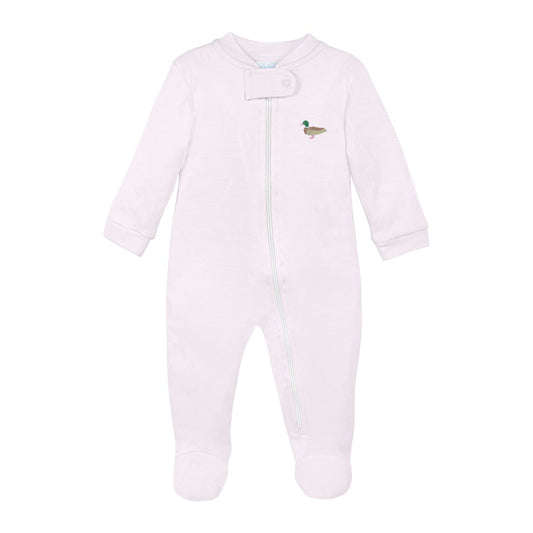 A light pink baby footed sleeper with a front zipper, snap closure at the neck, and a small embroidered duck on the left chest, shown against a plain white background.