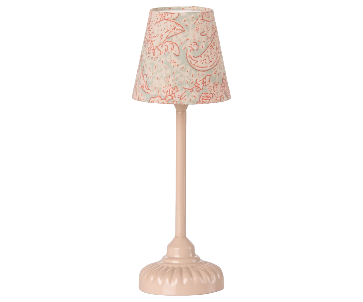 Small lamp with a decorative pink and white patterned shade for maileg mouse