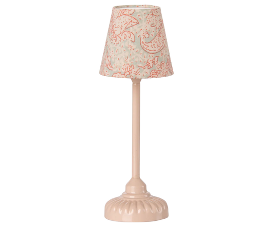 Small lamp with a decorative pink and white patterned shade for maileg mouse