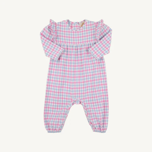 Leigh Ann Angel Sleeve Romper (Flannel) -Barrington Blue & Hamptons Hot Pink Gingham