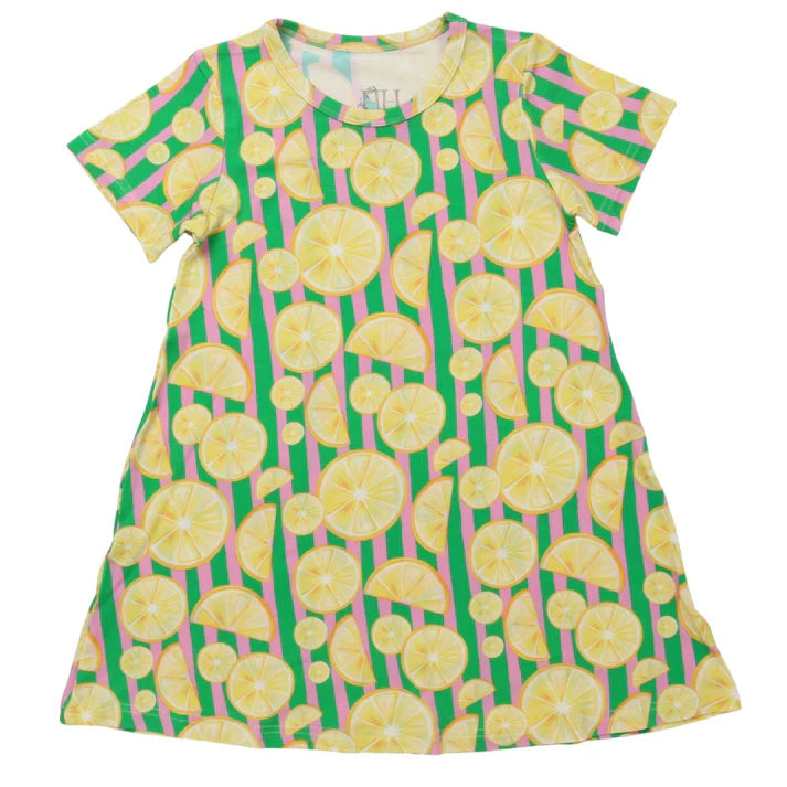 Short sleeve bamboo dress with lemon design.