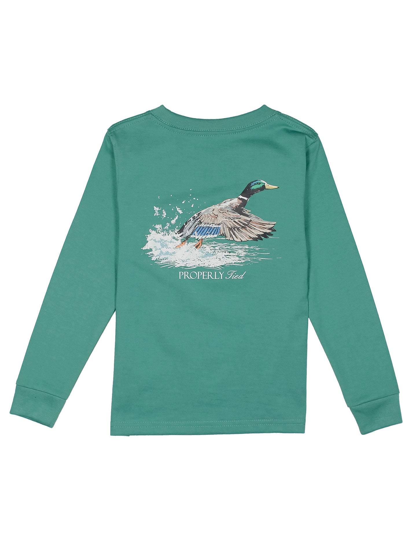 Green long-sleeve shirt with a duck graphic on the back against a white background