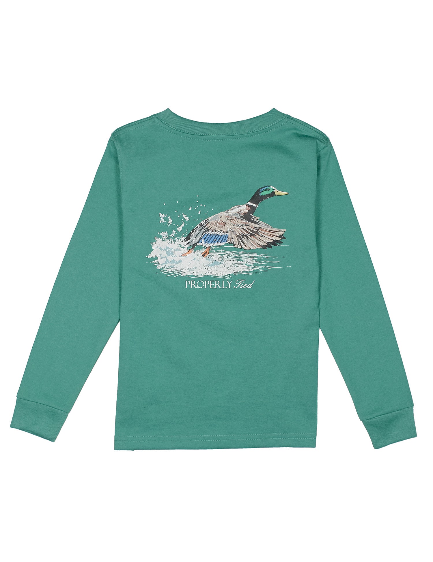 Green long-sleeve shirt with a duck graphic on the back against a white background