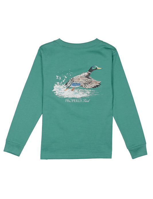 Green long-sleeve shirt with a duck graphic on the back against a white background