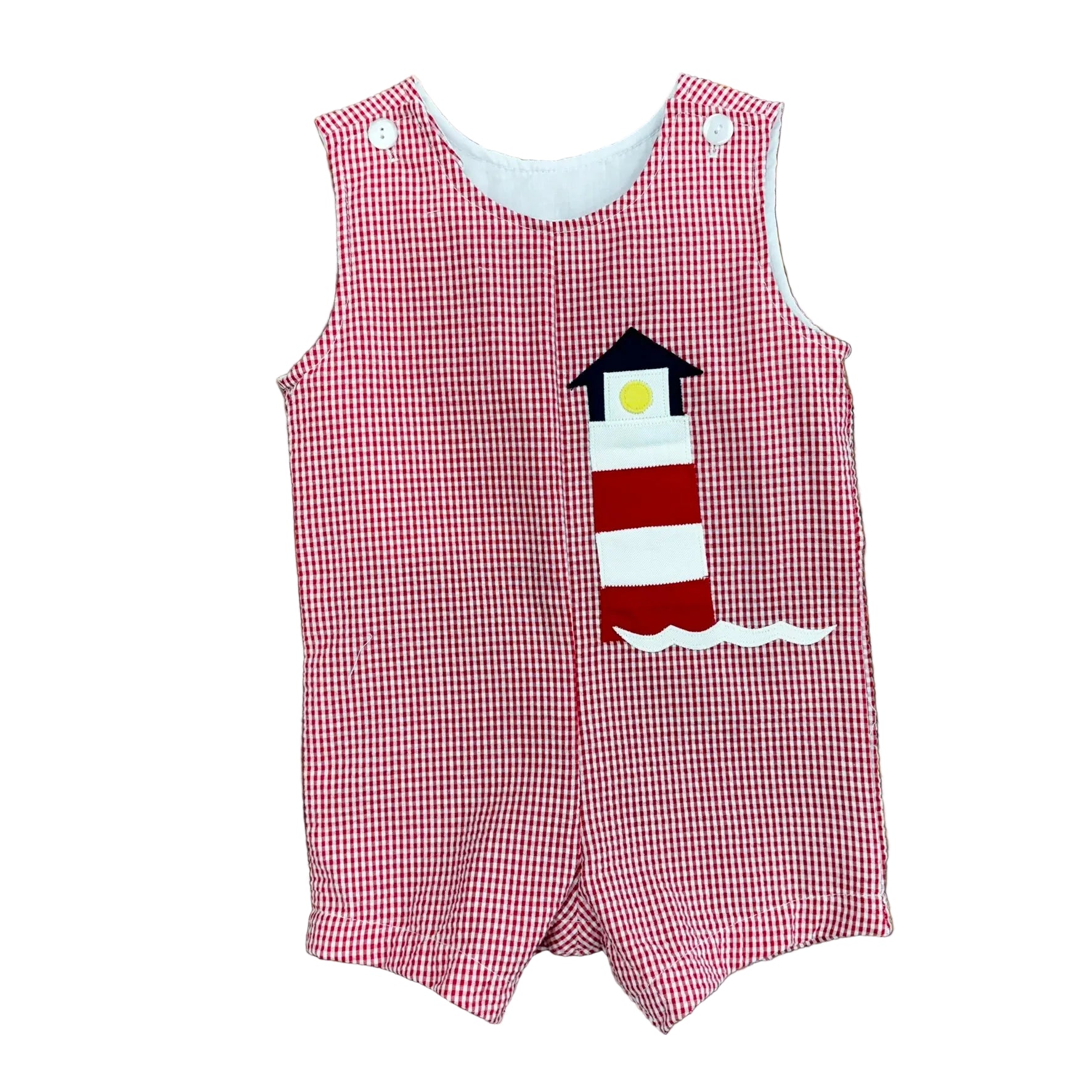 Red Gingham short romper with a red and white lighthouse applique.