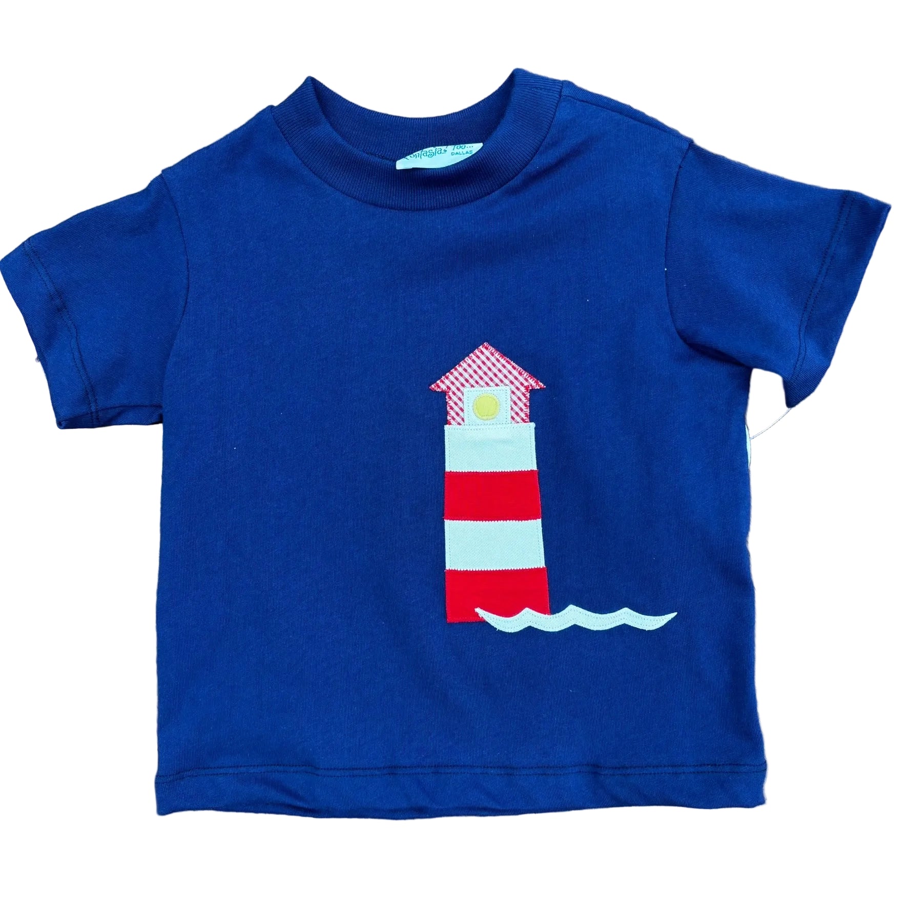 Short sleeve t-shirt with a red and white lighthouse applique.