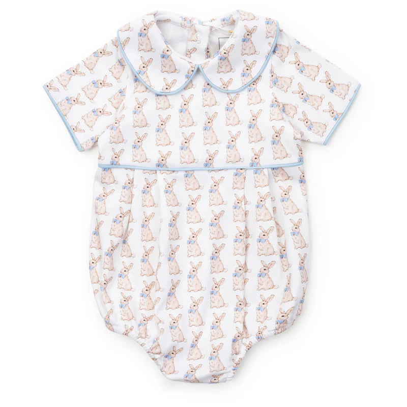 Spring bubble with bunnies in blue bow ties on a cream bubble with light blue piping.