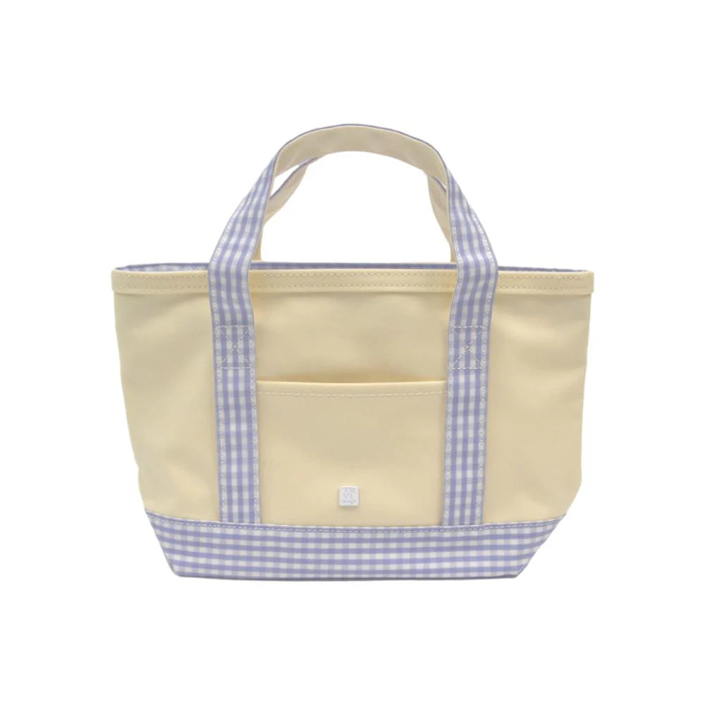 MINI TOTE - COATED CANVAS NATURAL With GINGHAM LILAC TRIM