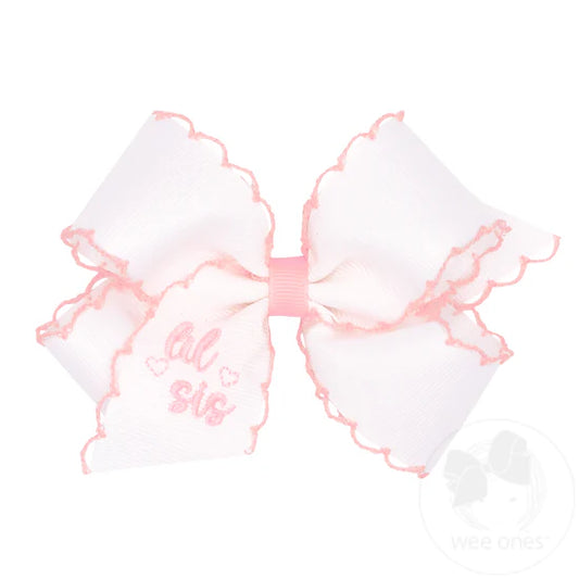 "Lil Sis" Embroidered Grosgrain Hair Bow with Light Pink Moonstitch Edge