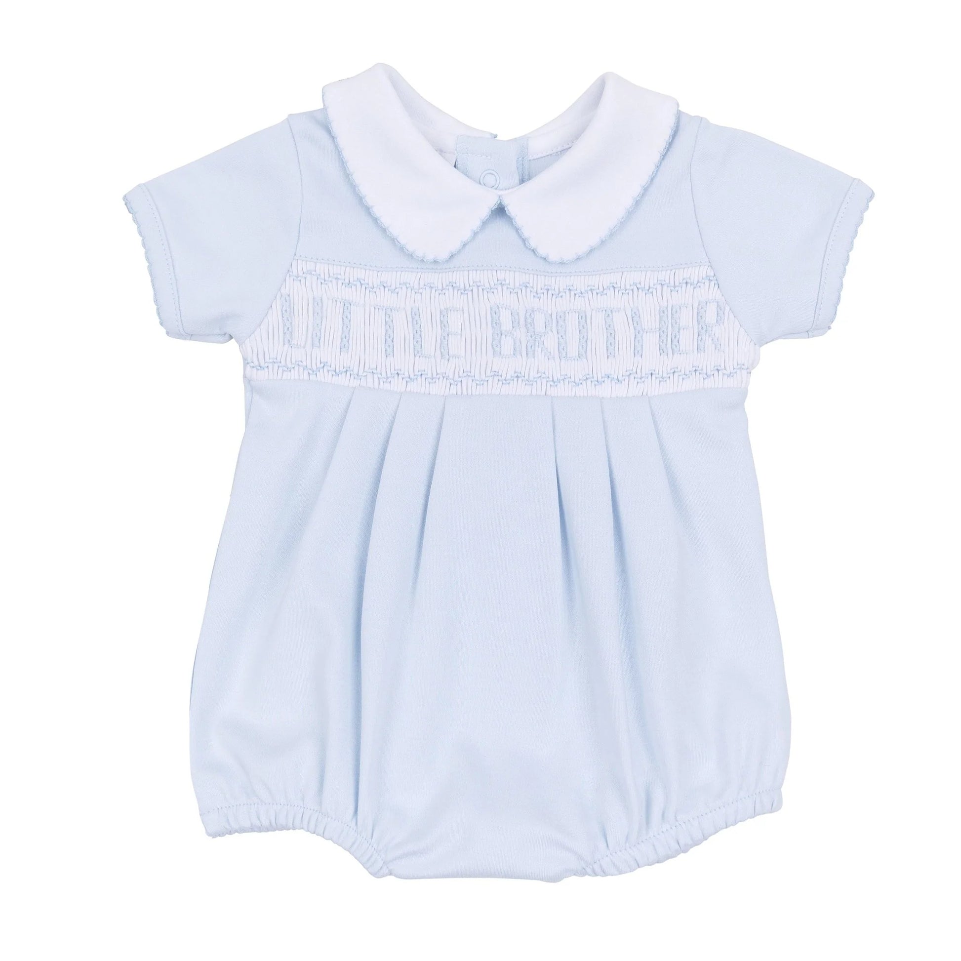 Light blue bubble with "little brother' embroidered on smocking.