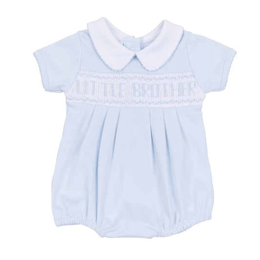 Light blue bubble with "little brother' embroidered on smocking.