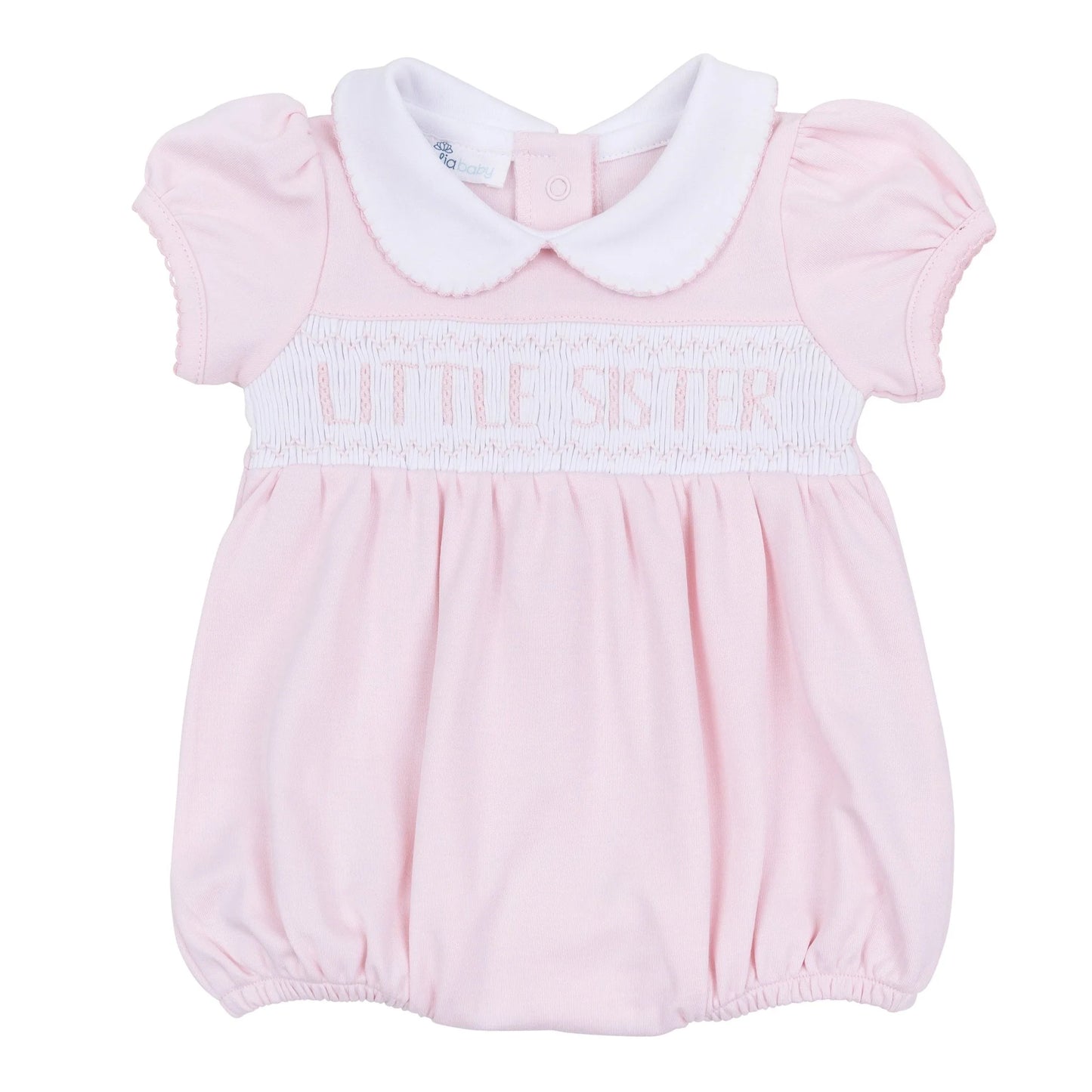 Pink bubble with 'little sister' embroidered on smocking.
