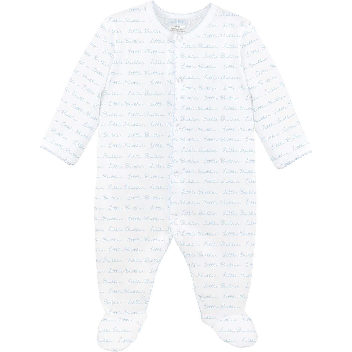 White baby onesie with blue stripes on a white background with little brother design