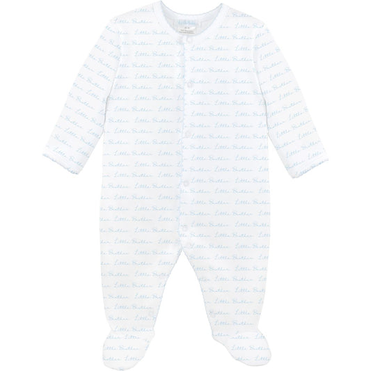 White baby onesie with blue stripes on a white background with little brother design