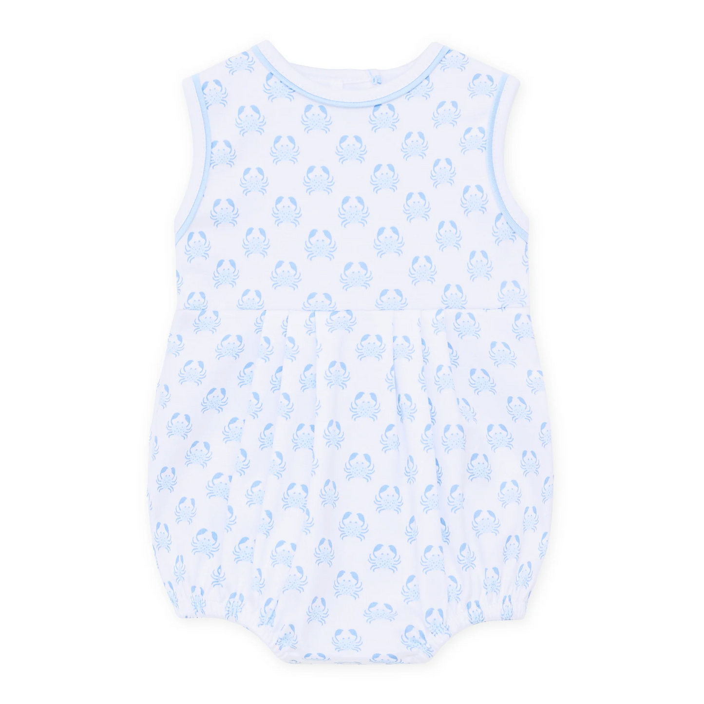 White bubble with blue crab pattern.