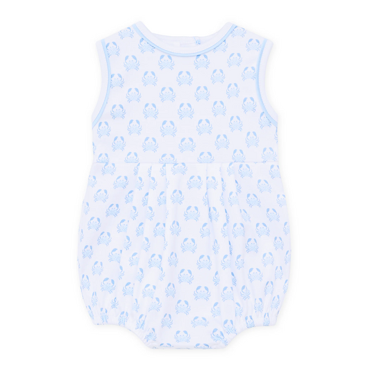 White bubble with blue crab pattern.