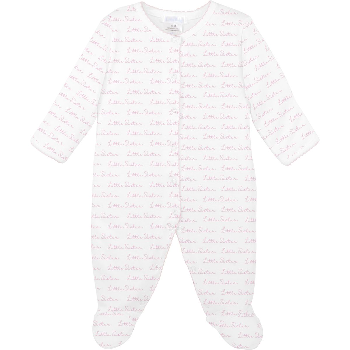 Baby onesie with pink and white pattern on a white background with little sister design