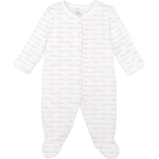 Baby onesie with pink and white pattern on a white background with little sister design