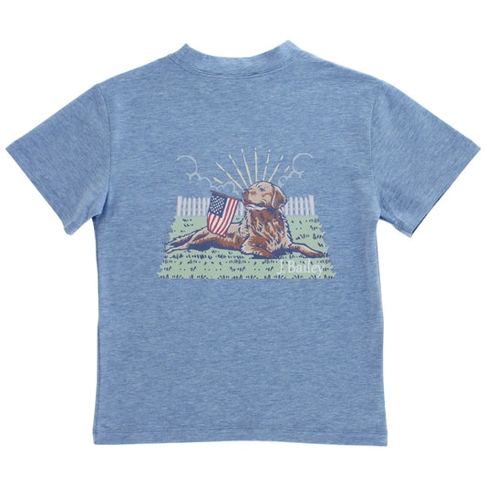 Blue t-shirt with a graphic of a dog holding an American flag 