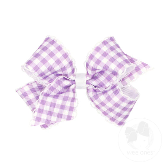 Lt Orchid Gingham Grosgrain Hair Bow With Moonstitch Edge