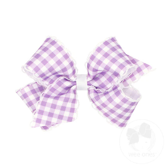 Lt Orchid Gingham Grosgrain Hair Bow With Moonstitch Edge