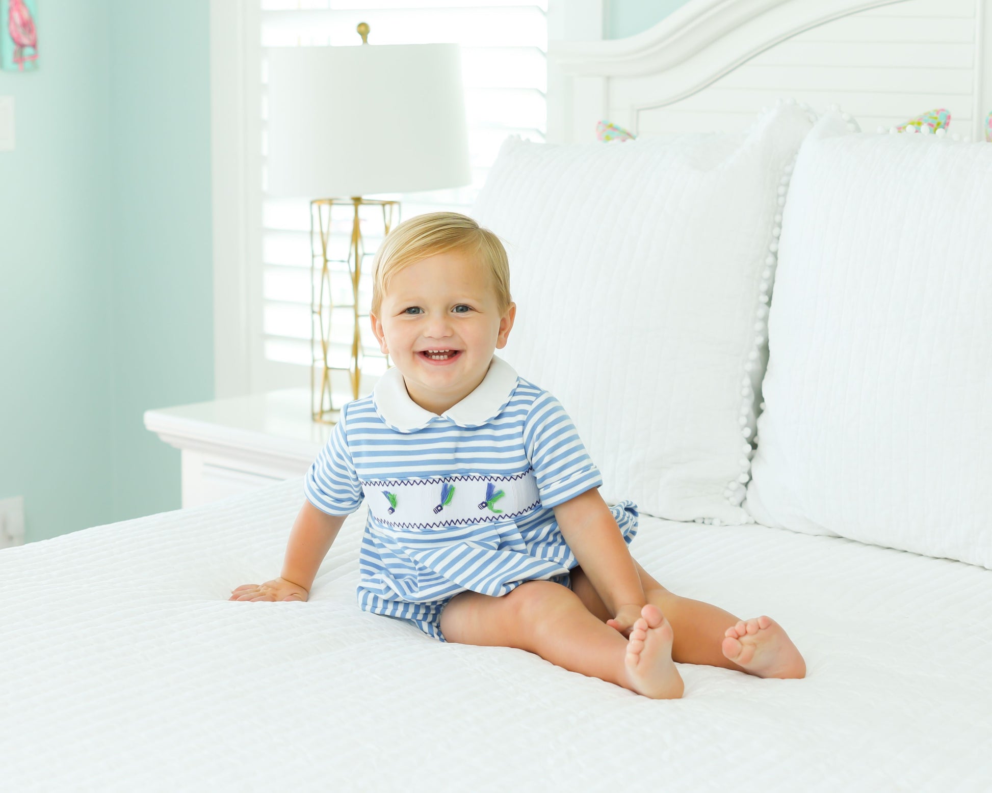 Blue and White Striped Smocked Bubble with Smocked Fishing Lures 