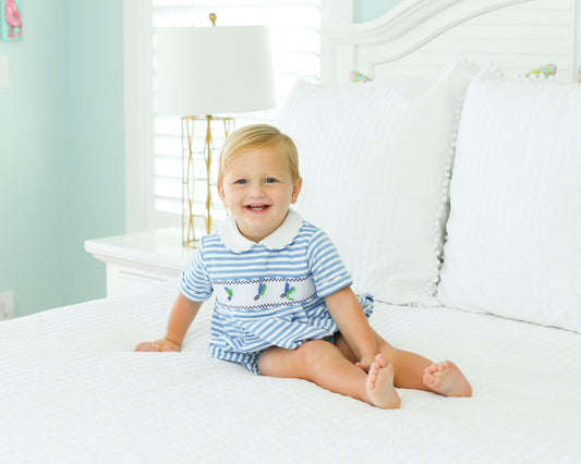 Blue and White Striped Smocked Bubble with Smocked Fishing Lures 