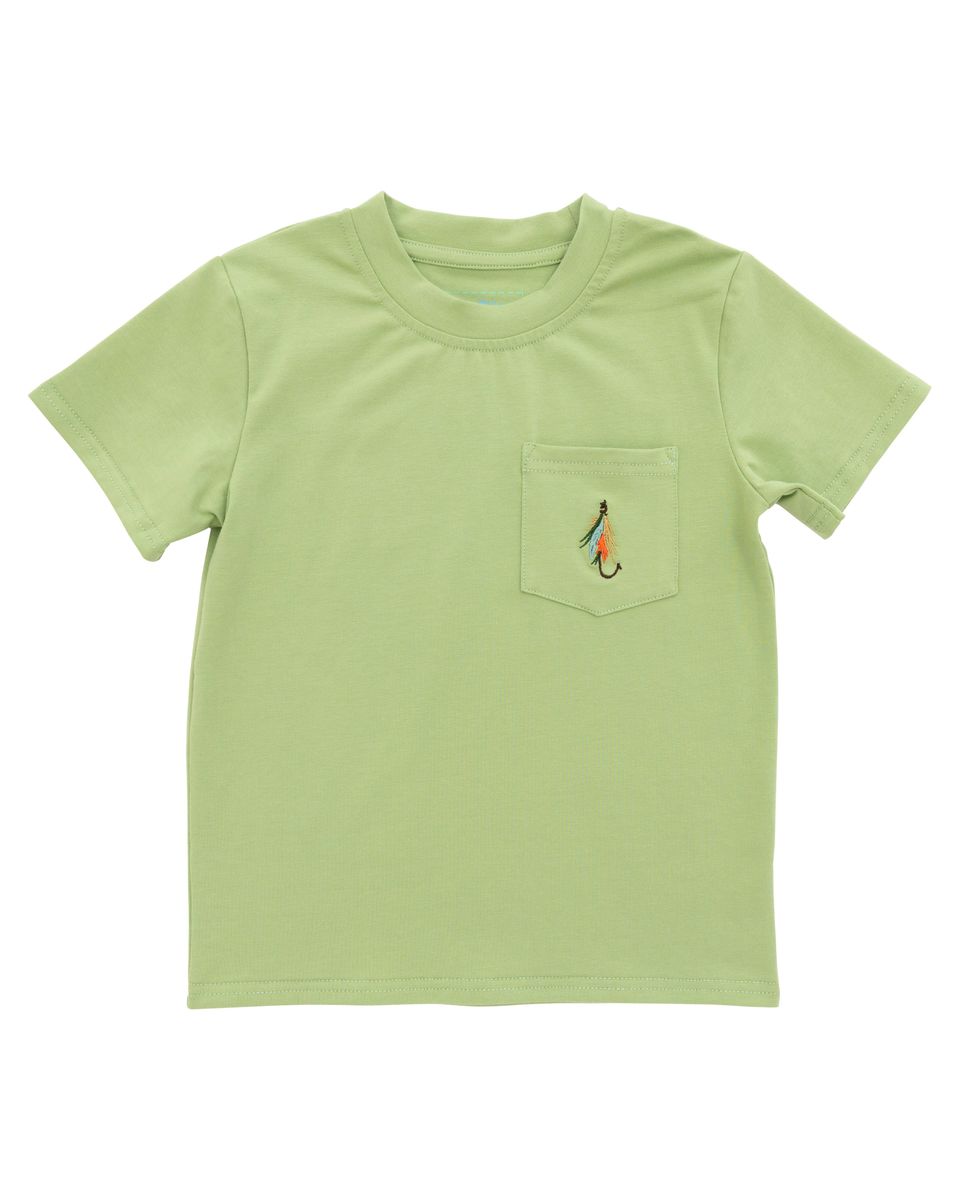 Light green t-shirt with a small pocket and embroidered fishing lures design 