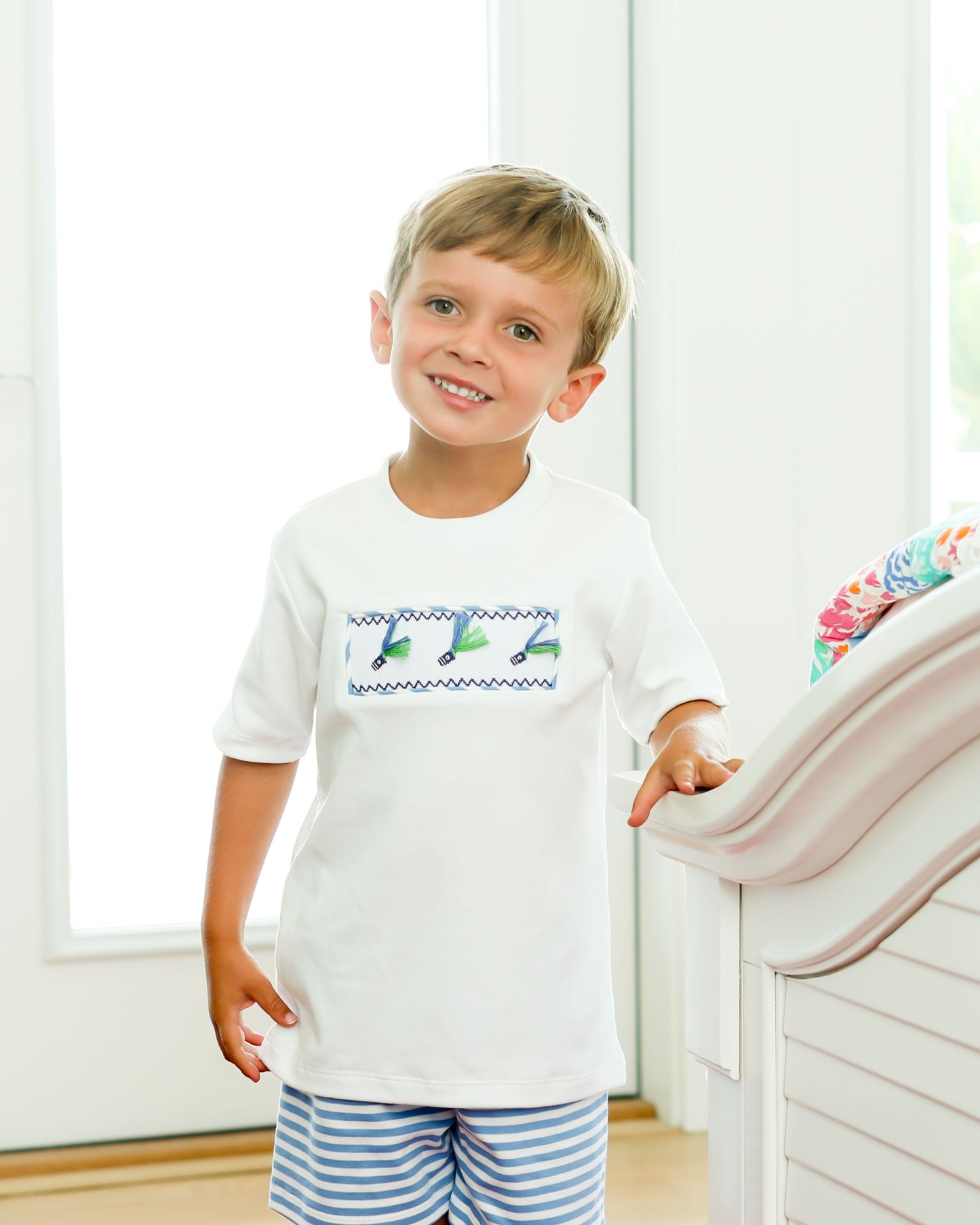 Smocked Fishing Lures Boys Short Set with white shirt and blue/white striped shorts