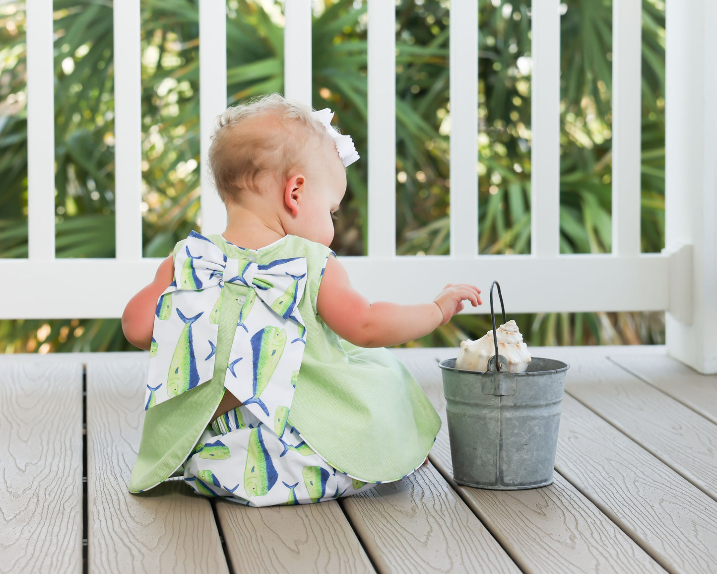 Mahi Girl Bloomer Set with Green top with bow in back and mahi print bloomers 