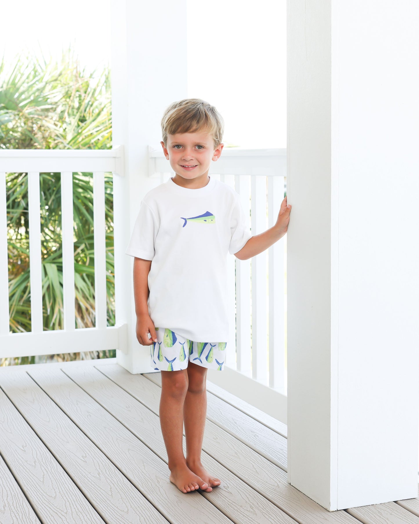 Mahi Boy Short set with white shirt with maui design and mahi print shorts 