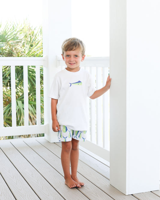 Mahi Boy Short set with white shirt with maui design and mahi print shorts 