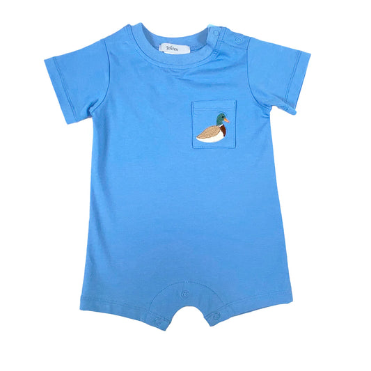 Blue baby romper with a pocket featuring a duck design on a white background