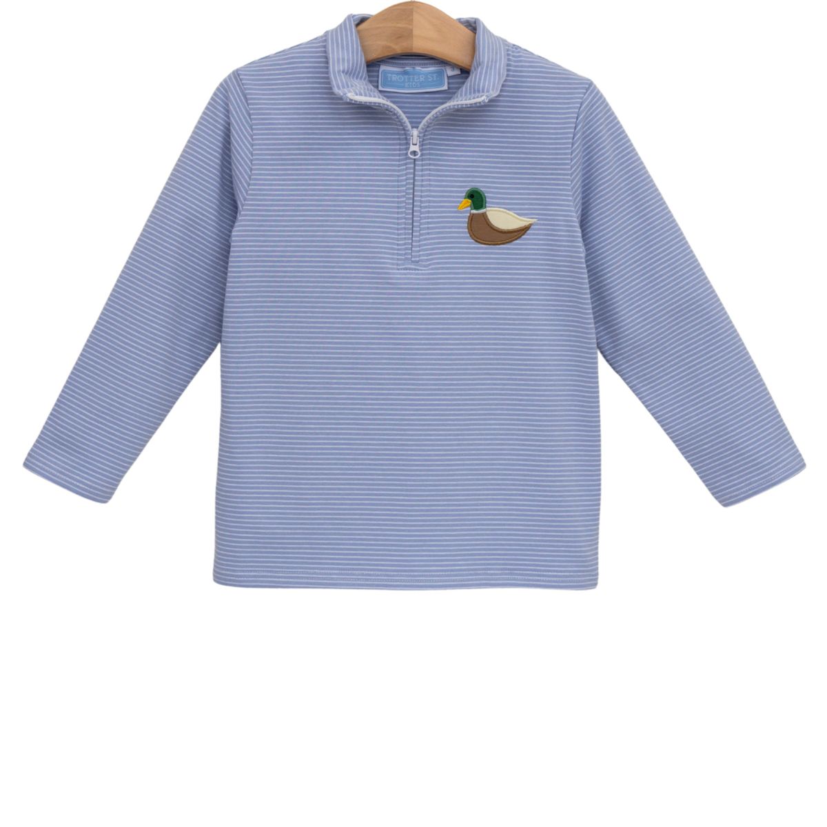 A light blue and white striped long-sleeve quarter-zip pullover shirt with a small embroidered mallard duck on the left chest